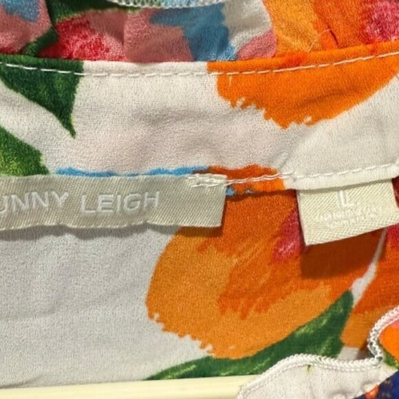 SUNNY LEIGH women's flowy ruffle floral blouse white background size large beach - Picture 3 of 6